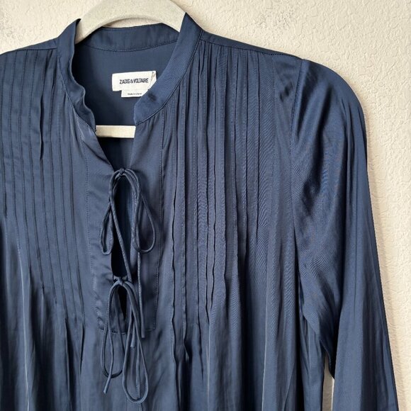 Zadig & Voltaire Raika Satin Tie Neck Navy Long Bell Sleeve Dress - Picture 6 of 13